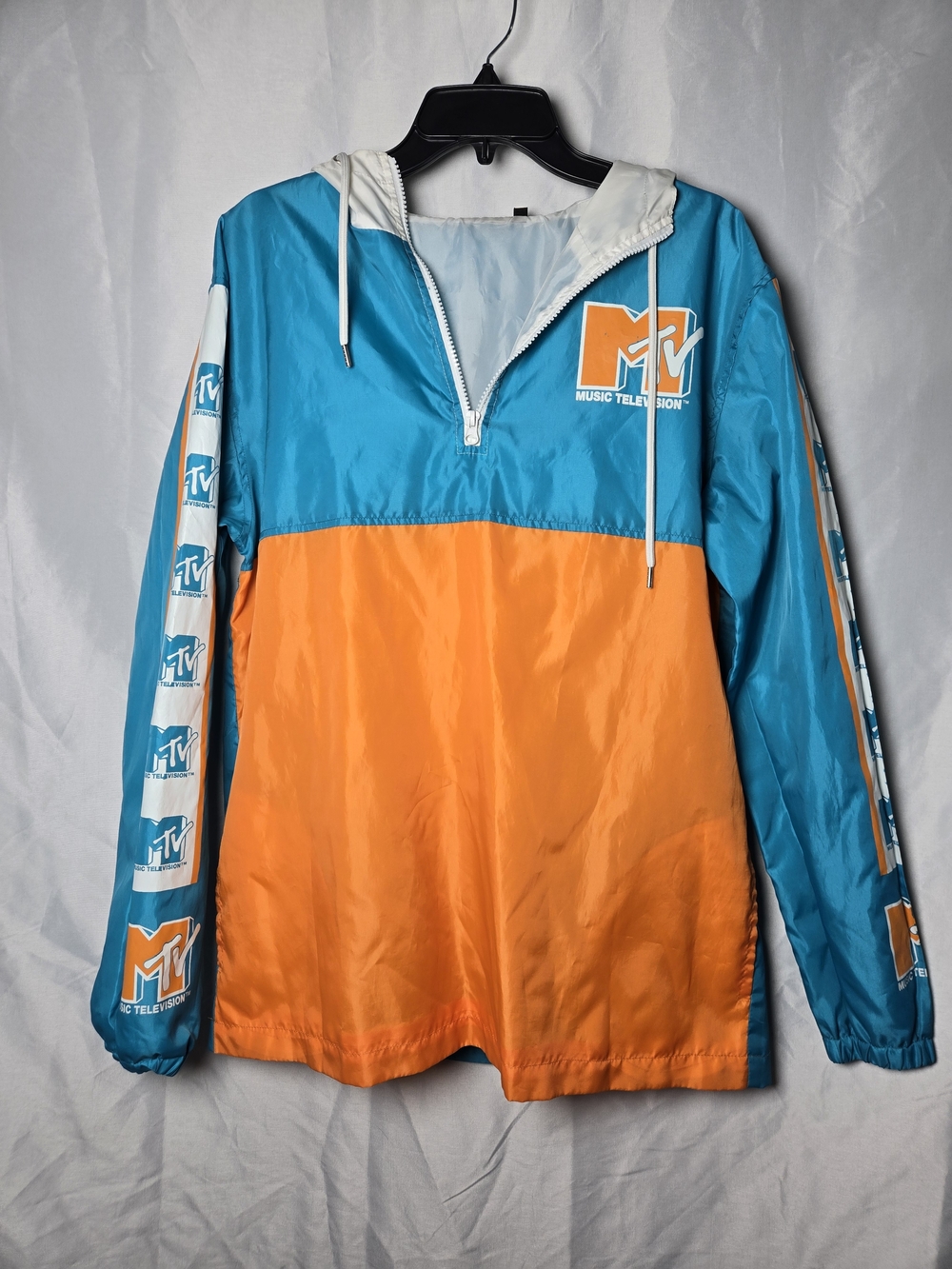 MTV Teal & Orange Colorblock Half-Zip Hooded Windbreaker